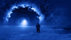 NDE image - Person standing in the clouds in dark blue sky, looking into tunnel of light